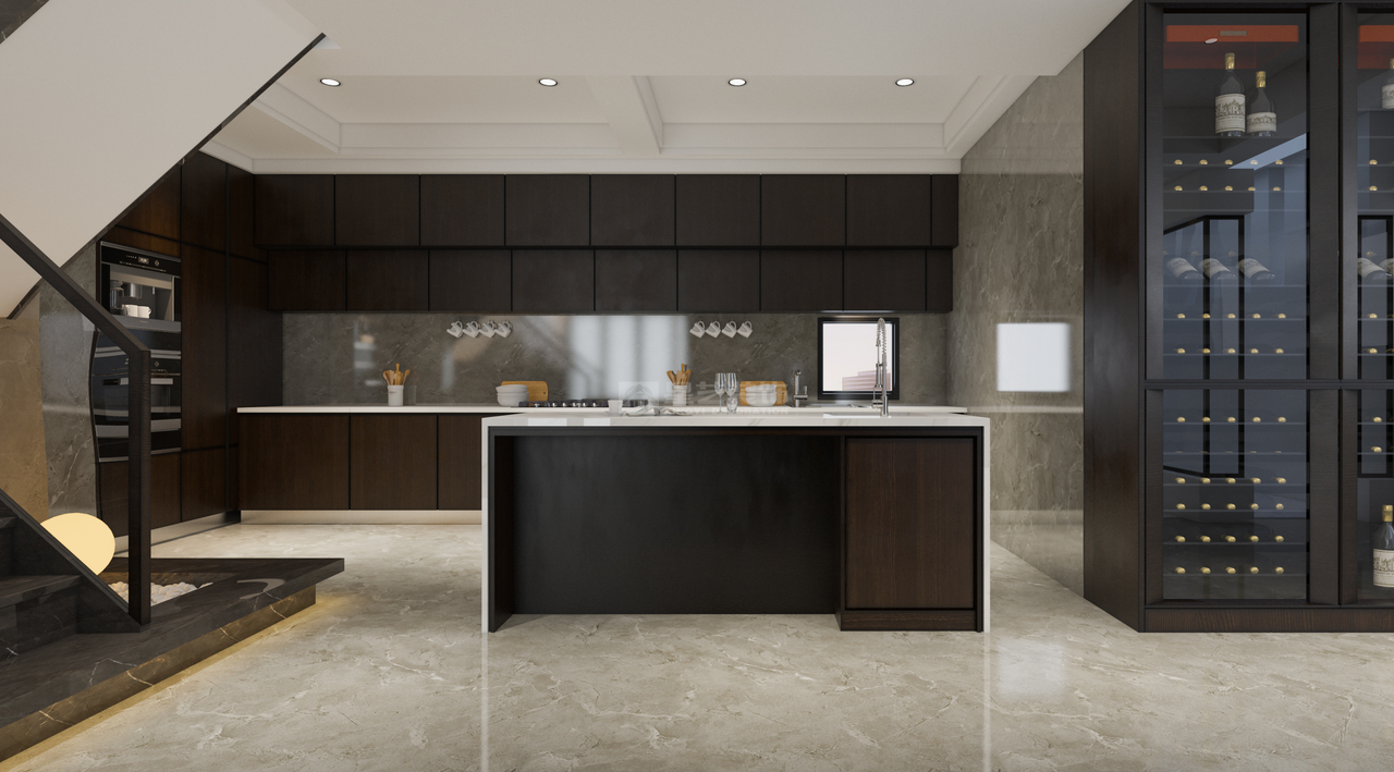 黑白灰色系的开放式厨房给现代风的家增添不少高级感，黑白灰混合空间，是现代艺术文艺精巧的融合，整体以最为低调的黑白灰三色为主，营造质感空间。